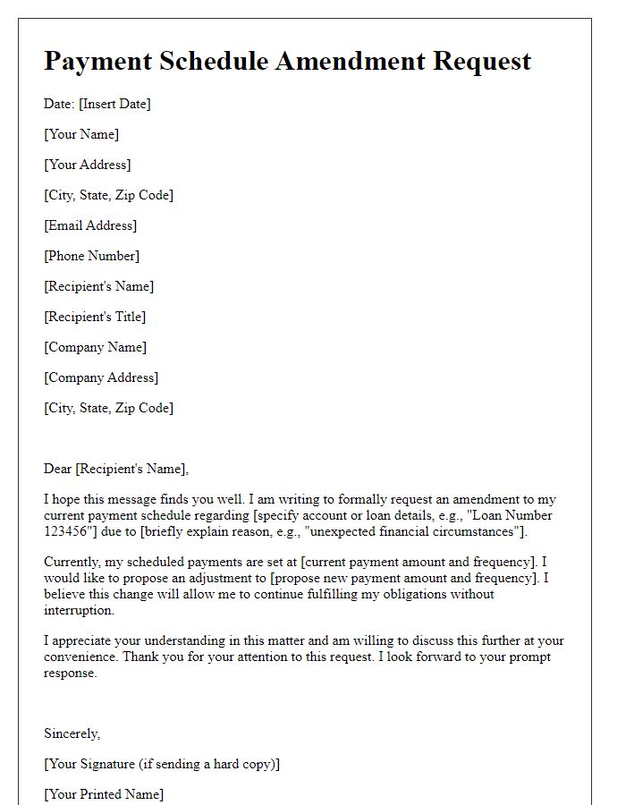 Letter template of payment schedule amendment request