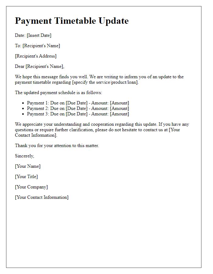 Letter template of payment timetable update