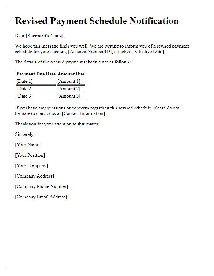 Letter template of revised payment schedule notification