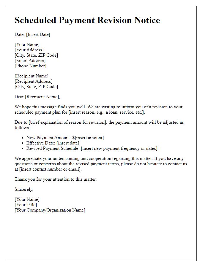 Letter template of scheduled payment revision