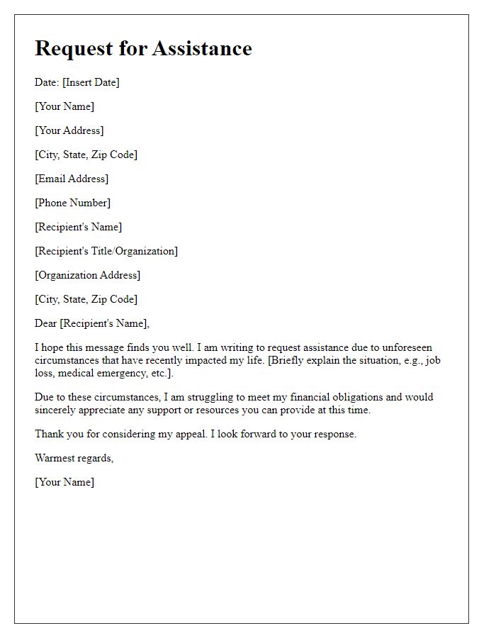 Letter template of assistance appeal due to unforeseen circumstances