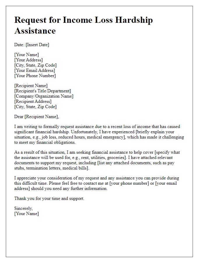 Letter template of income loss hardship assistance request