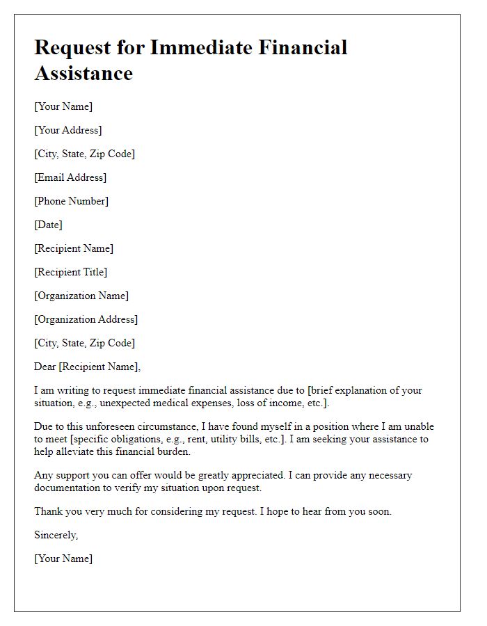 Letter template of request for immediate financial assistance