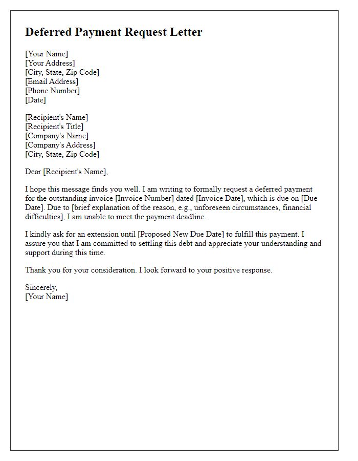 Letter template of deferred payment request