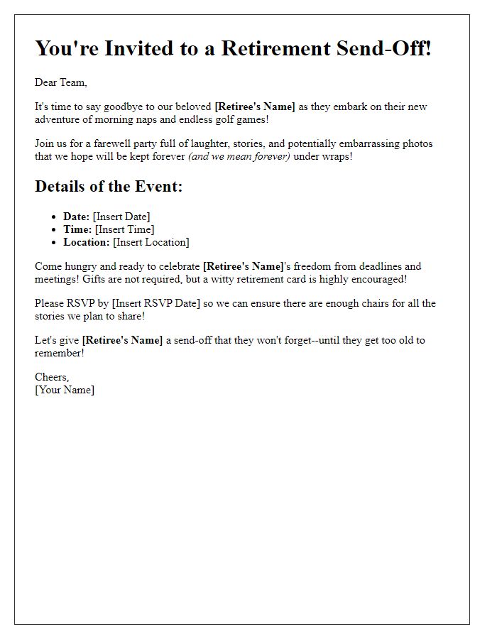 Letter template of humorous retirement send-off invite