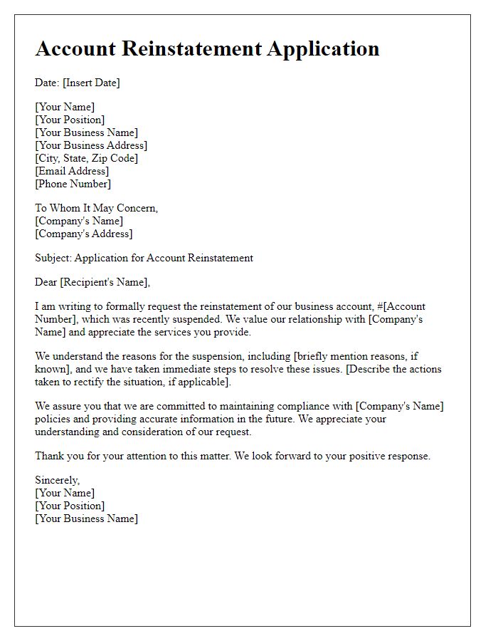 Letter template of account reinstatement application for business account.