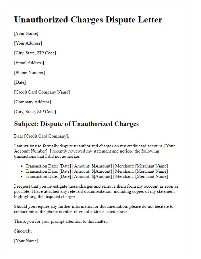 Letter template of unauthorized charges dispute for credit card transactions