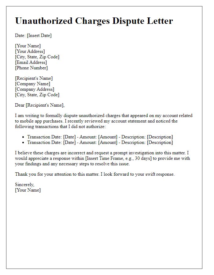 Letter template of unauthorized charges dispute for mobile app purchases