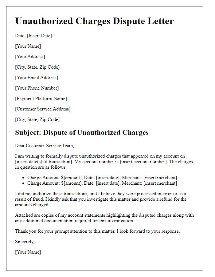 Letter template of unauthorized charges dispute for online payment platforms