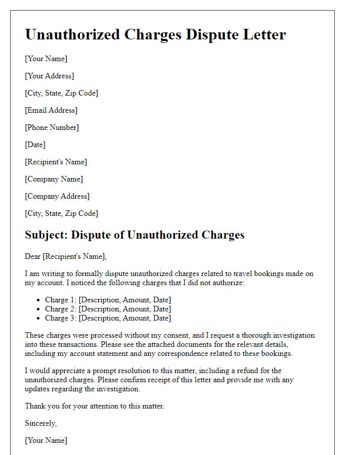 Letter template of unauthorized charges dispute for travel bookings