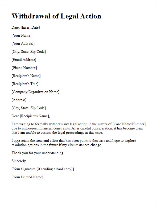 Letter template of Withdrawal of Legal Action for Financial Constraints