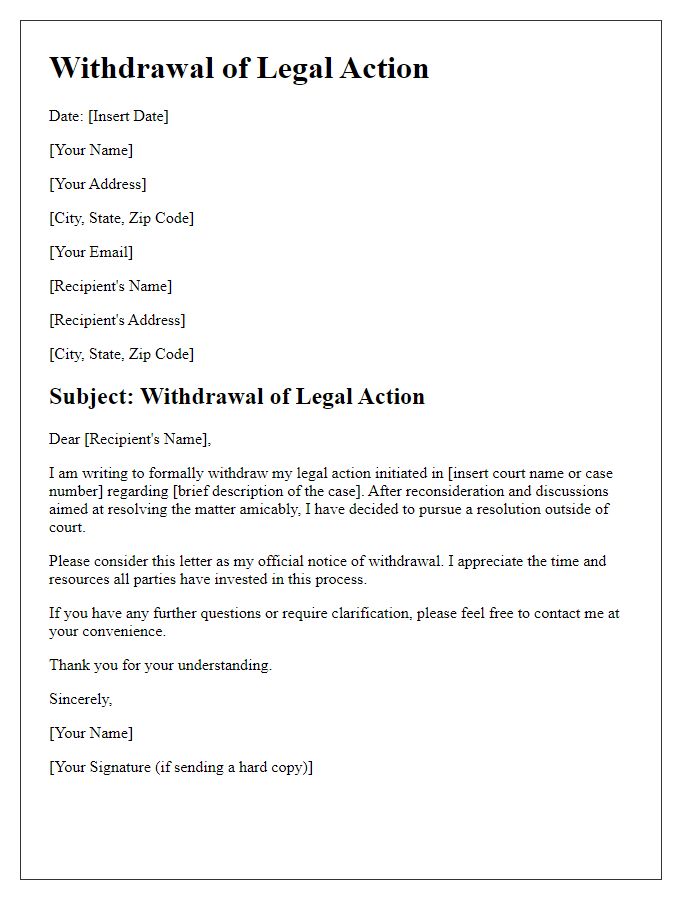 Letter template of Withdrawal of Legal Action for Resolution Outside Court