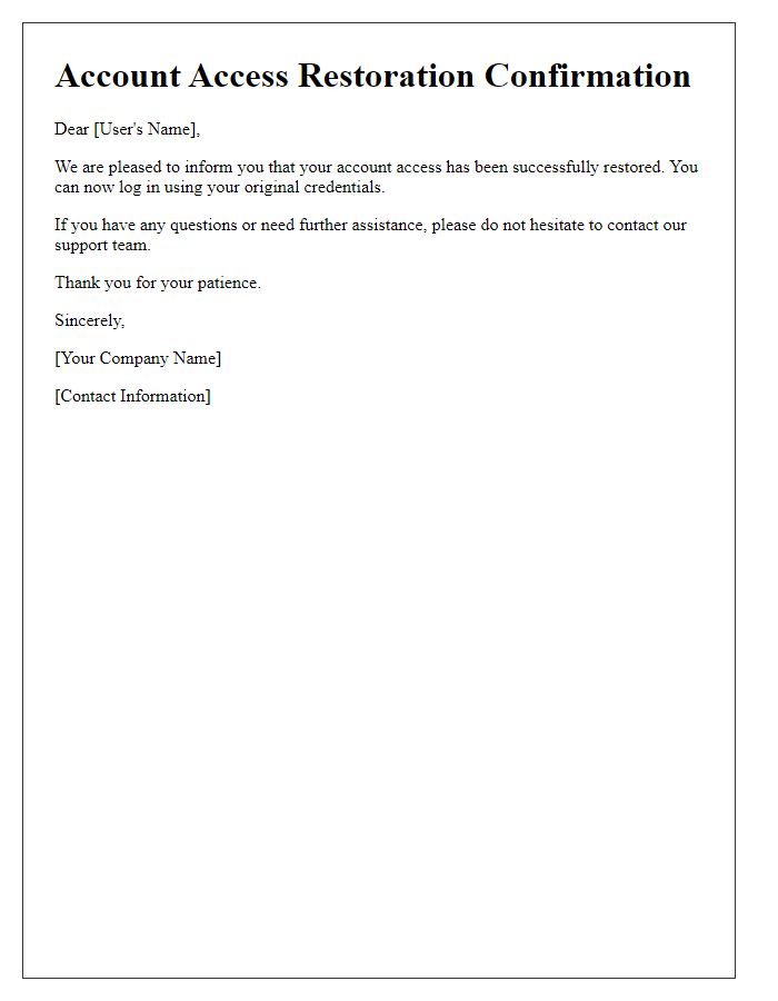 Letter template of account access restoration confirmation