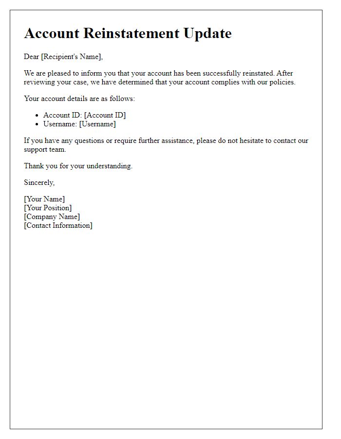 Letter template of account reinstatement update