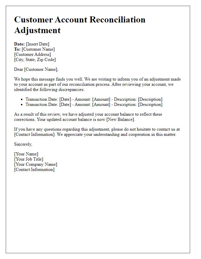 Letter template of customer account reconciliation adjustment