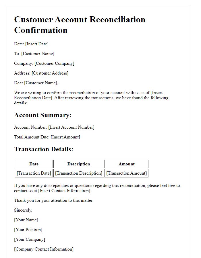 Letter template of customer account reconciliation confirmation