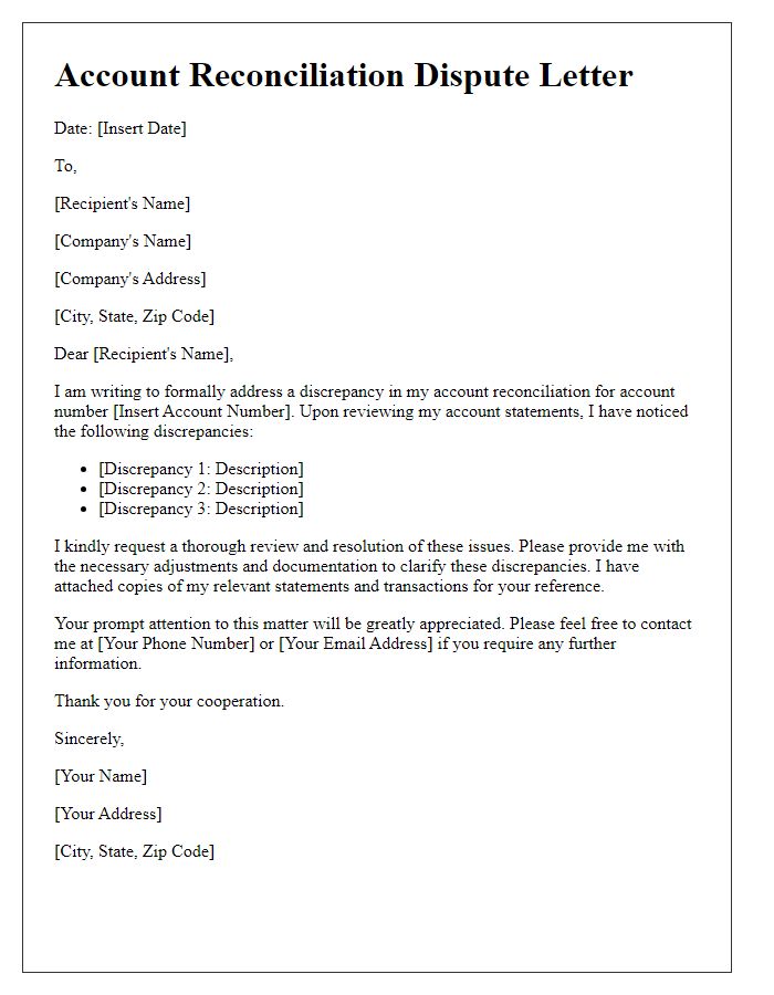 Letter template of customer account reconciliation dispute