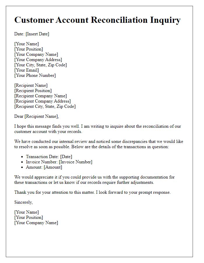 Letter template of customer account reconciliation inquiry