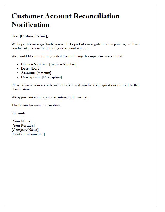 Letter template of customer account reconciliation notification