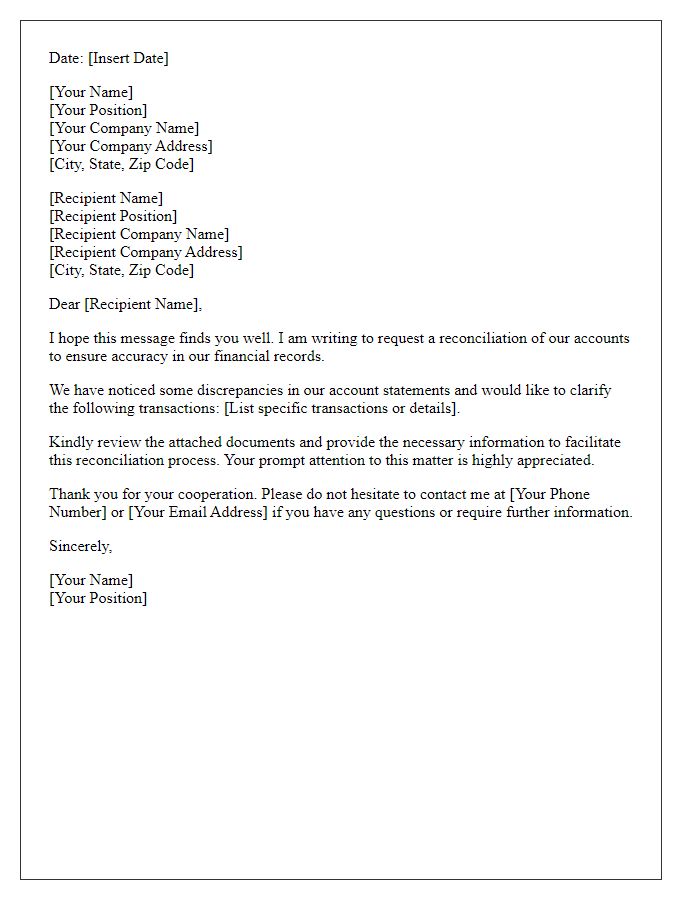 Letter template of customer account reconciliation request