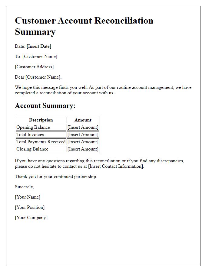 Letter template of customer account reconciliation summary