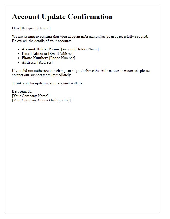 Letter template of account update confirmation
