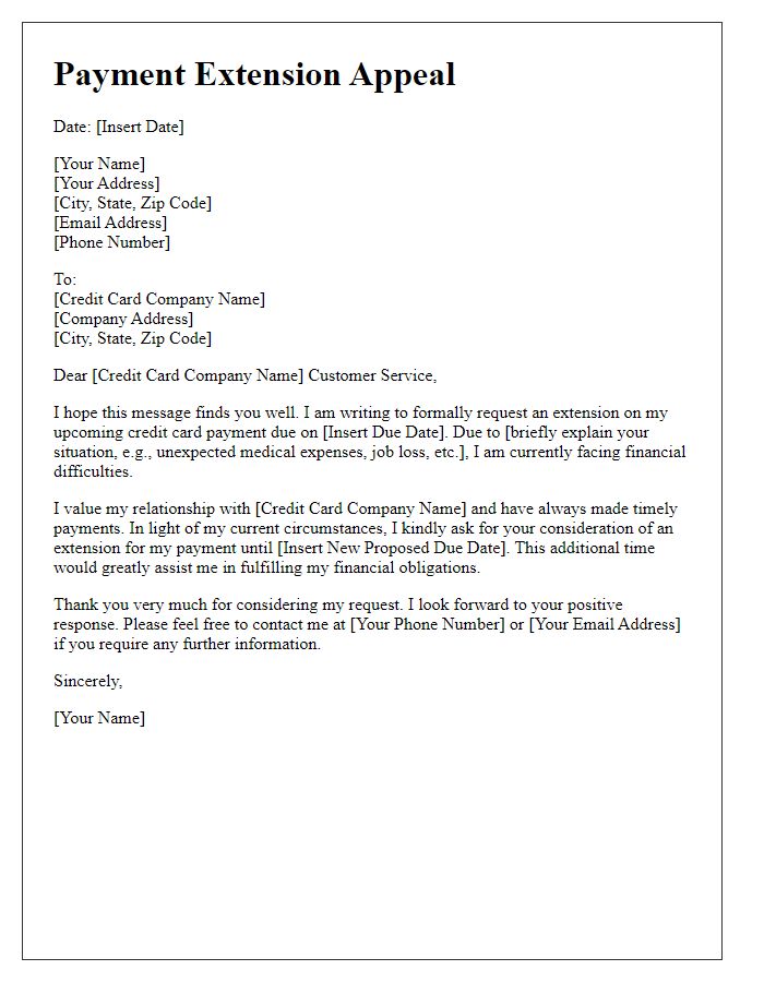 Letter template of payment extension appeal for credit card payment