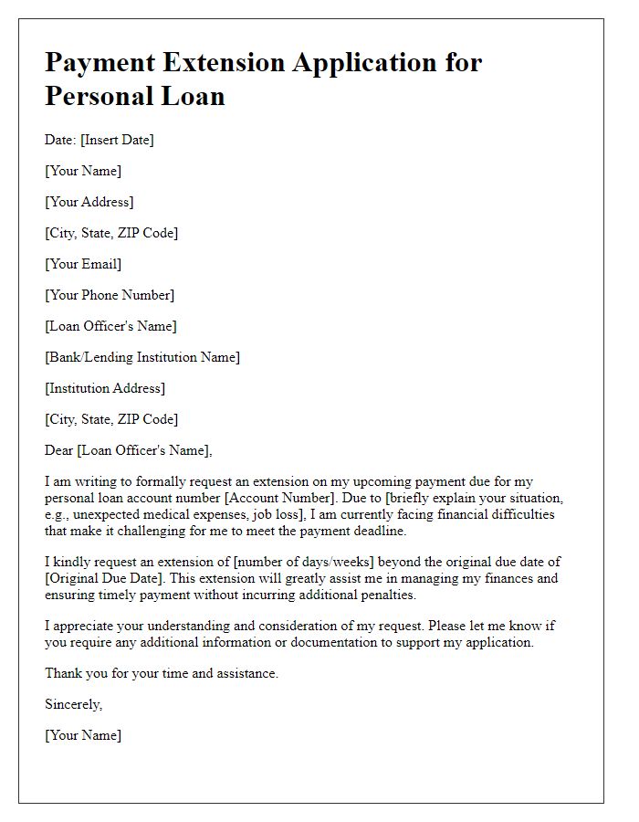 Letter template of payment extension application for personal loan