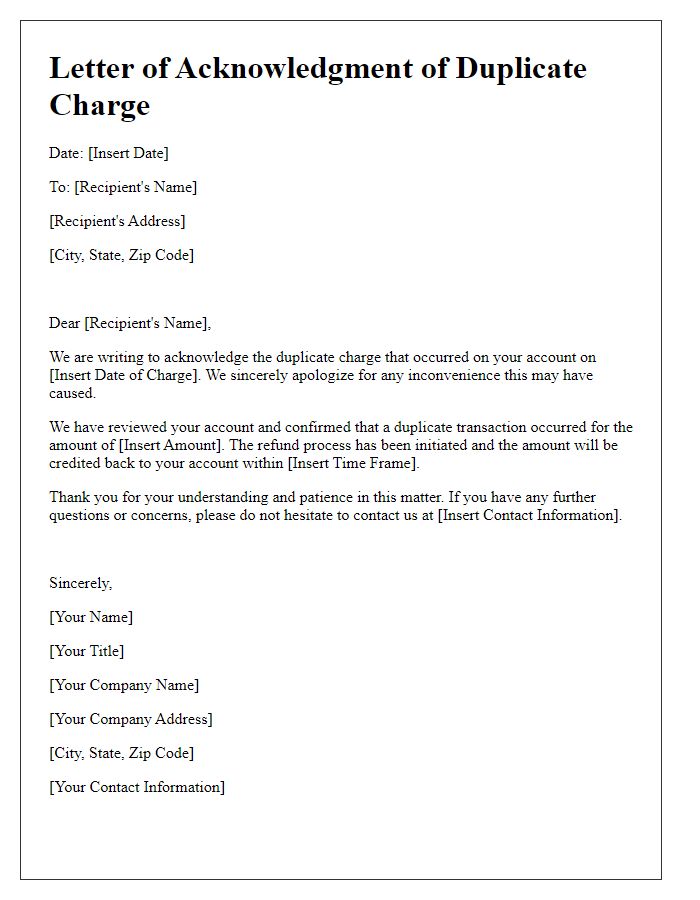 Letter template of acknowledgment of duplicate charge and refund action.