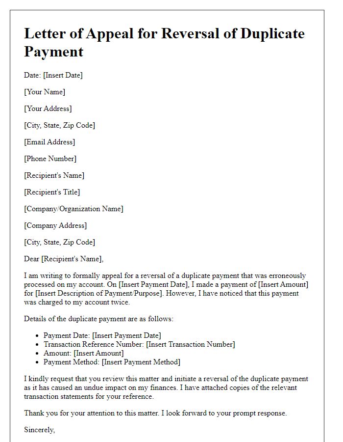 Letter template of appeal for reversal of duplicate payment.