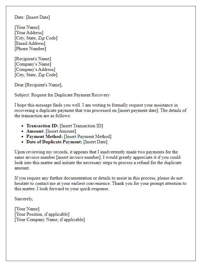 Letter template of detailed request for duplicate payment recovery.