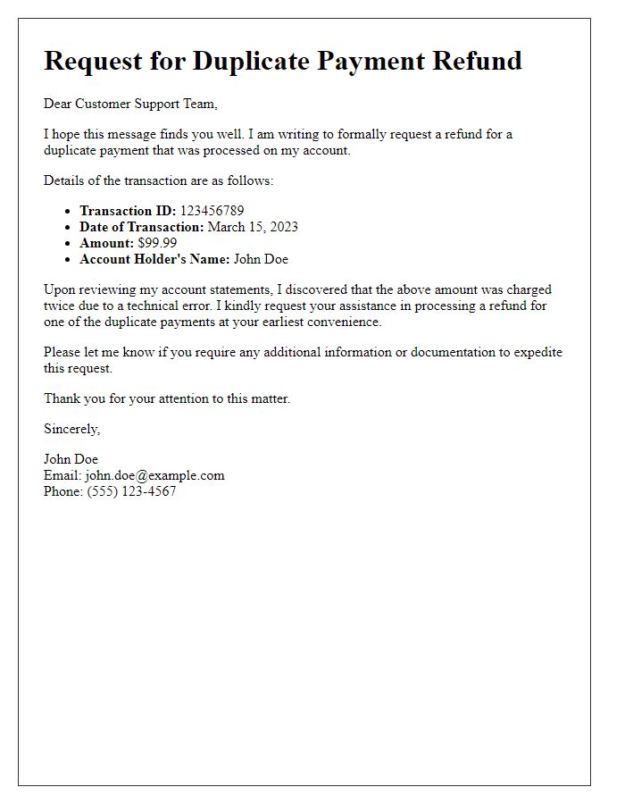 Letter template of request for duplicate payment refund to customer support.