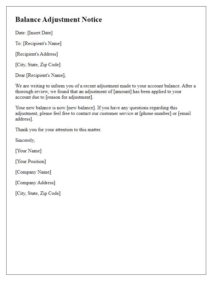 Letter template of balance adjustment notice