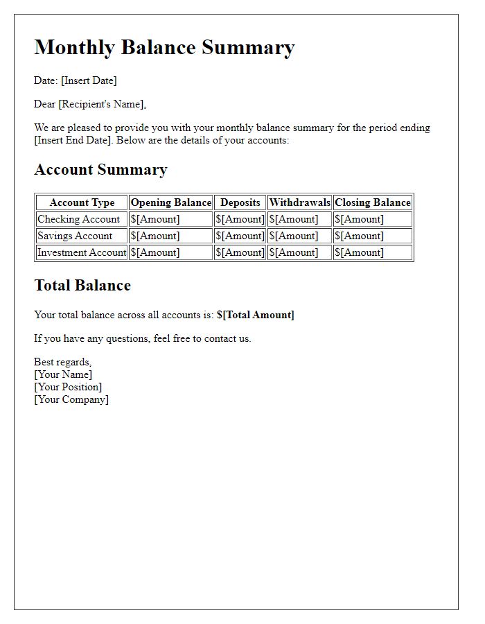 Letter template of monthly balance summary