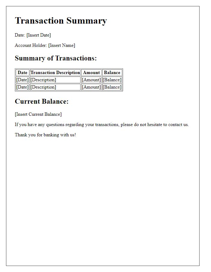 Letter template of transaction summary and balance