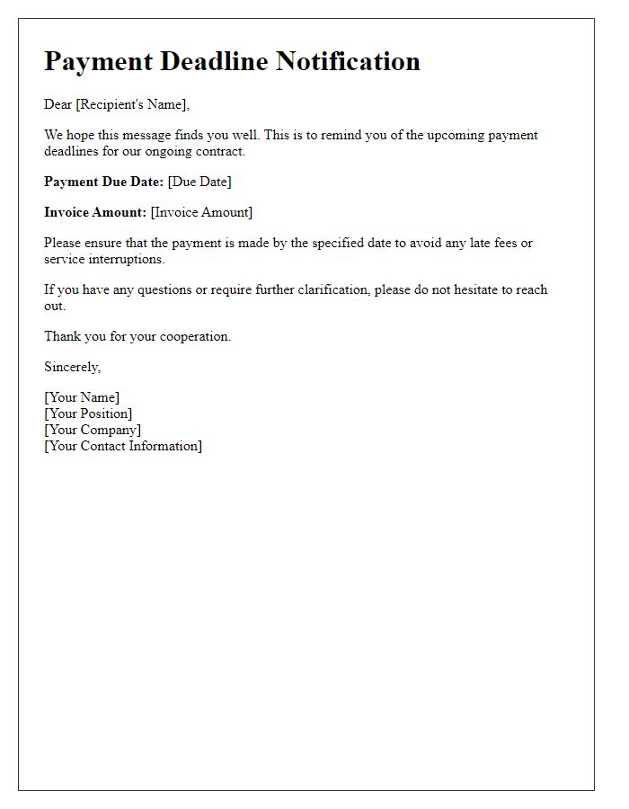 Letter template of notification for upcoming payment deadlines in B2B contracts