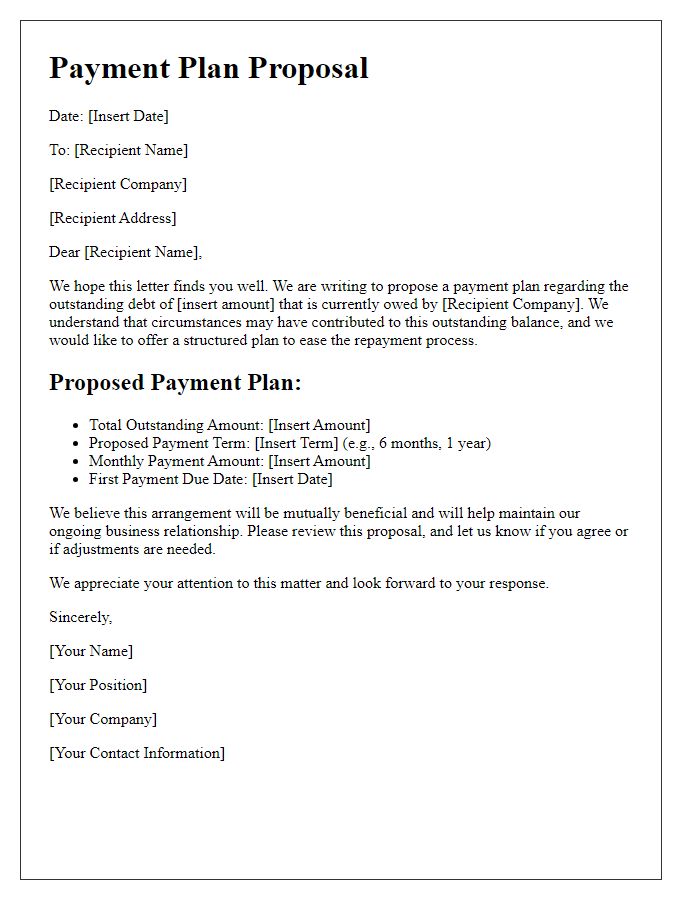 Letter template of payment plan proposal for outstanding B2B debts