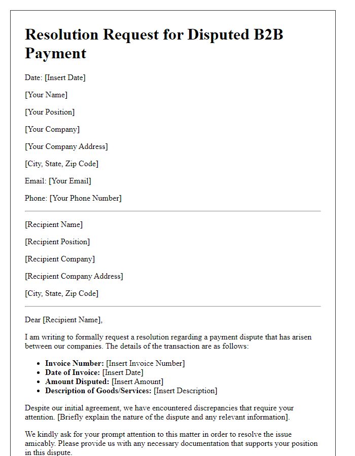 Letter template of resolution request for disputed B2B payments