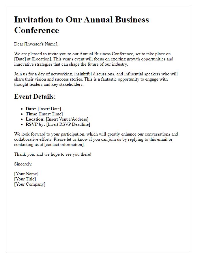 Letter template of Business Conference Invitation for Investor Engagement