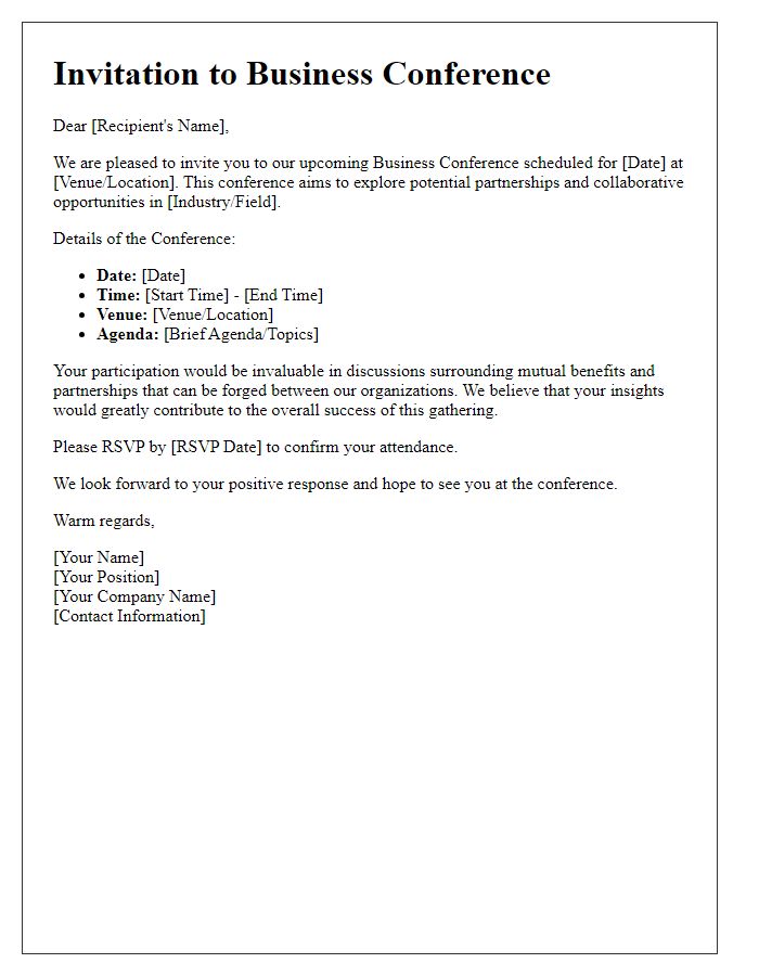 Letter template of Business Conference Invitation for Partnership Discussions