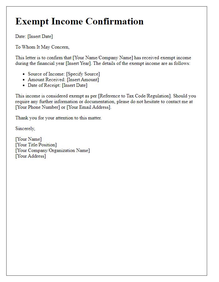 Letter template of exempt income confirmation for financial records.