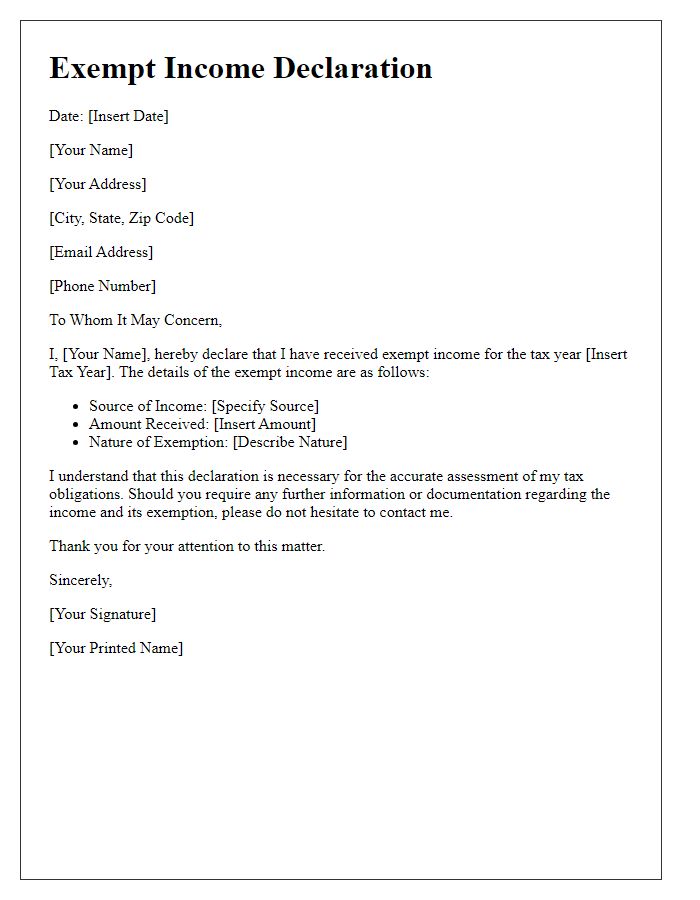 Letter template of exempt income declaration for tax purposes.