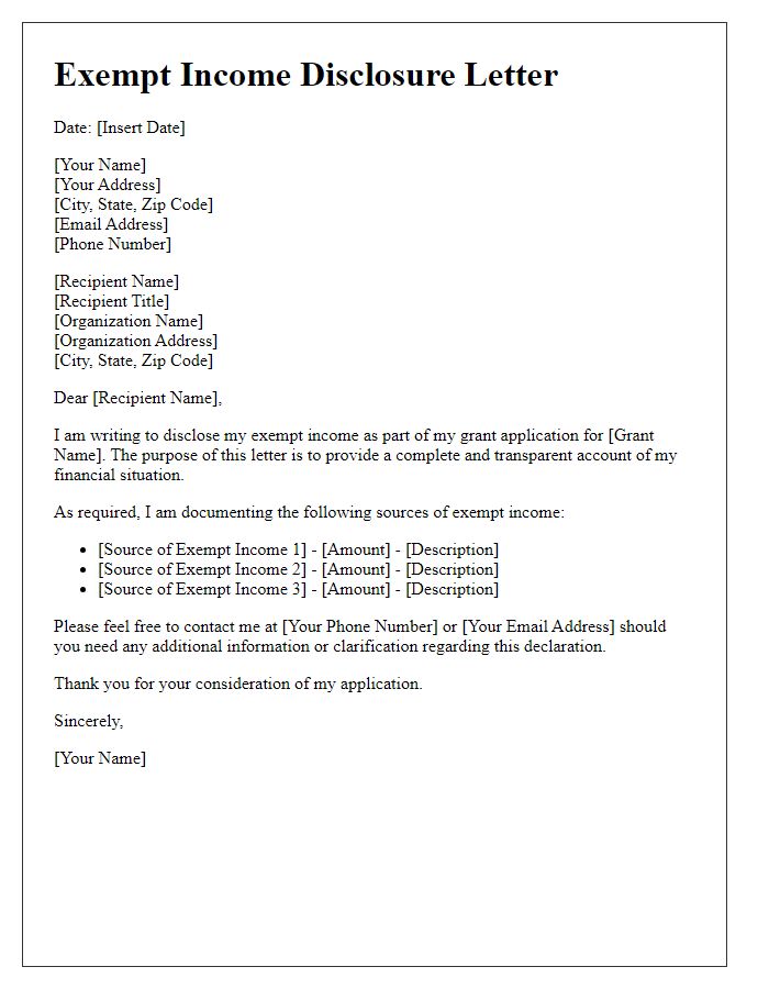 Letter template of exempt income disclosure for grant application.