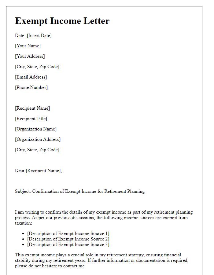 Letter template of exempt income letter for retirement planning.