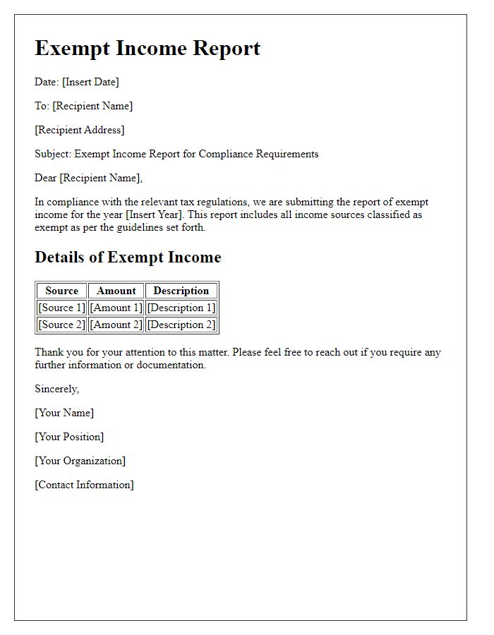 Letter template of exempt income report for compliance requirements.