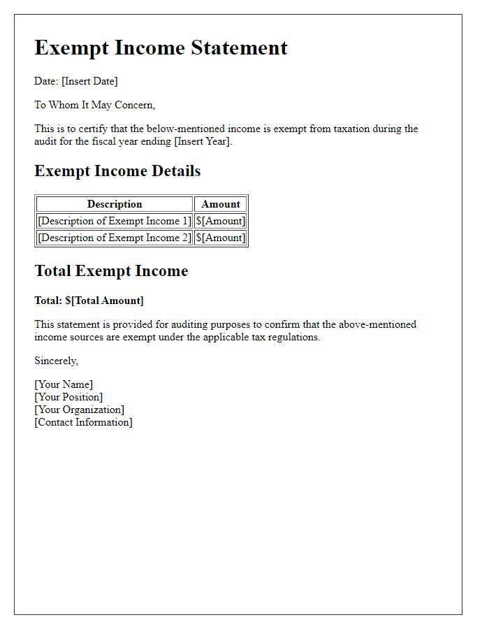 Letter template of exempt income statement for auditing process.