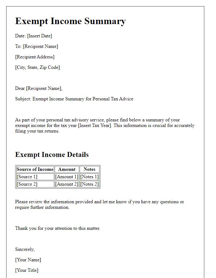 Letter template of exempt income summary for personal tax advice.