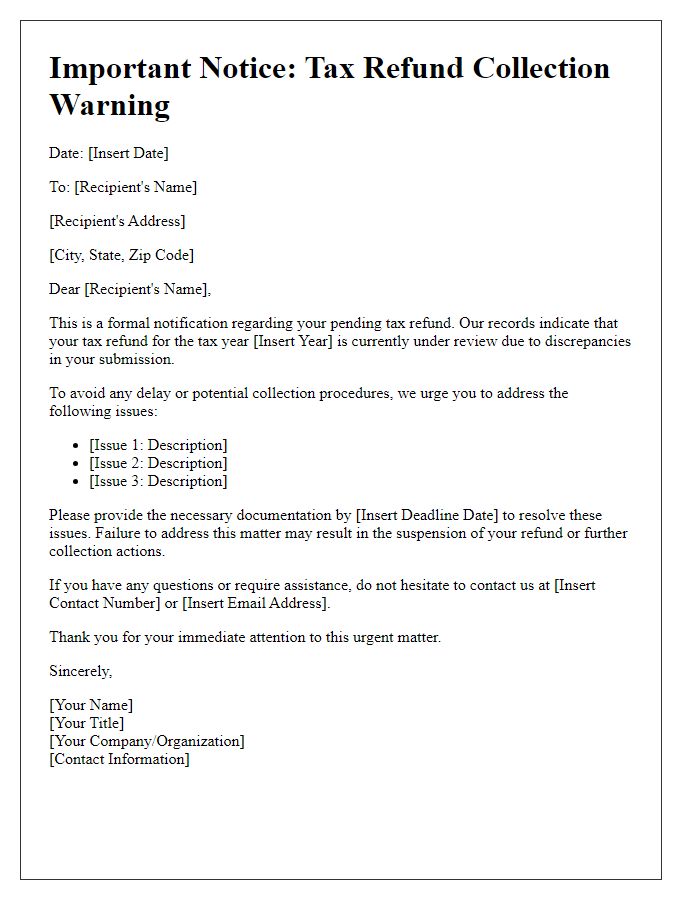 Letter template of Tax Refund Collection Warning