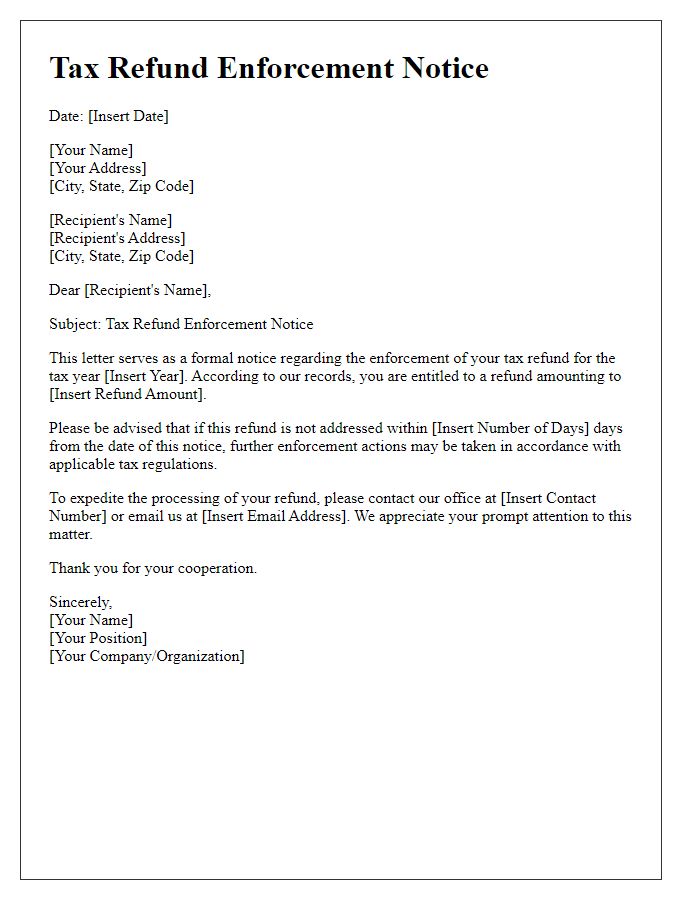 Letter template of Tax Refund Enforcement Notice