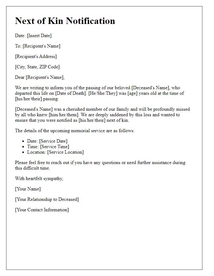 Letter template of next of kin notification for death announcements